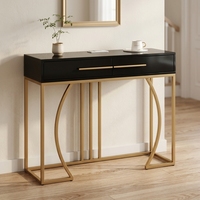 Table console de luxe contemporaine en MDF avec plateau en bois, étagère de rangement et pieds en métal doré thermolaqué pour salon et appartement (vente en gros)