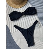 Set Bikini Bandeau Tanpa Tali Plus Hiasan Bunga 3D, Bawahan Thong High Cut, Bahan Polyester/Nylon, Pakaian Renang Pantai Wanita