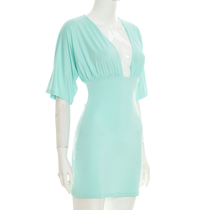 Viviblook C26DS218 Vestidos de Verano para Mujer, Nuevo Vestido Ajustado de Color Sólido con Cuello en V y Pliegues para Damas - Product Image 3
