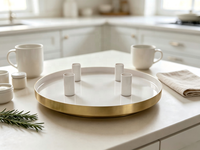 Plateau rond en métal pour bougies avec 4 coupelles à bougies, plateau blanc et bord doré, candélabre décoratif pour table