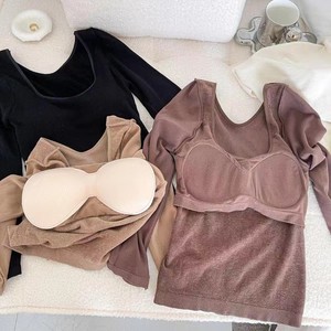 Built in Bra Fleece Lined Thickened Long Sleeve T Shirt <b>For</b> Women New Autumn Winter Slim Fit Thermal Underwear With Chest <b>Pads</b> - Product Image 4
