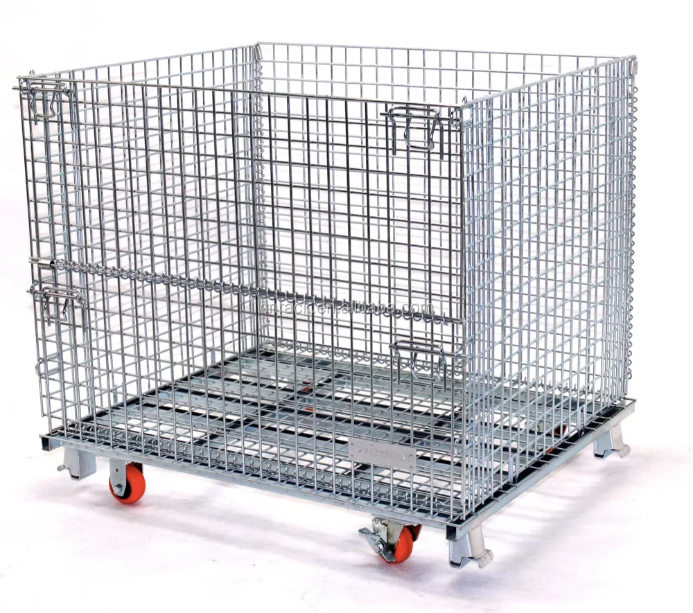 collapsible wire basket with wheels mesh container folding cage