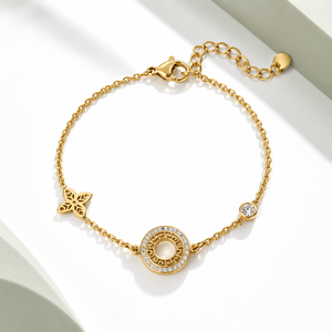 Pulsera de Acero Inoxidable con Diseño de Llave Griega Dorada y Zirconia, Baño de Oro de 14K al Vacío, Cadena con Acentos Florales - Product Image 1