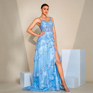 Vestido de Noche Elegante Azul Claro con Lentejuelas para Mujer, Vestido de <span class=keywords><strong>Fiesta</strong></span> Sirena con Tirantes Finos y Corsé, con Abertura Alta - Product Image 4