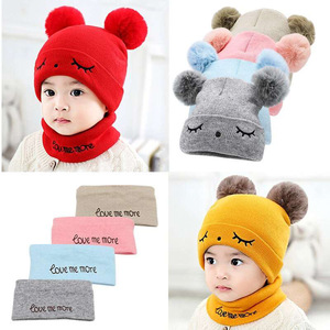 <span class=keywords><strong>Bonnet</strong></span> à <span class=keywords><strong>pompon</strong></span> chaud pour bébé garçon et fille, <span class=keywords><strong>bonnet</strong></span> tricoté pour nouveau-né mignon avec broderie de dessins animés, ensemble de chapeaux et d'écharpes - Product Image 2