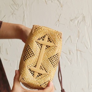 Bamboo Woven Bag <b>Mini</b> Leather Handle 25x9x20cm Bohemian Style Women's Storage Bag - Product Image 3