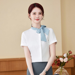 White Short Sleeve Bow Blouse Women Summer Slim Fit No-Wrinkle Hotel Uniform Skirt Set - Product Image 4