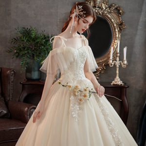 Champagne Colored Off Shoulder Wedding Dress Empire Waist Sweetheart Neckline Floor Length Plus Size Simple Elegant Gown - Product Image 2