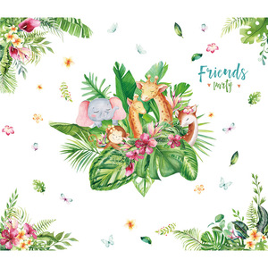 Autocollant mural en PVC imperméable pour enfants, girafe de dessin animé, plante verte, décoration d'anniversaire, HT94018 - Product Image 5