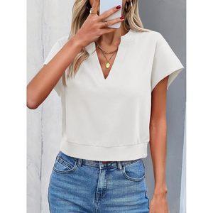Camiseta Corta Personalizada para Mujer, Cuello en V, Manga Corta, Estilo Casual Holgado, Top de Verano de Color Sólido, Camiseta de Manga Corta para Mujer - Product Image 4