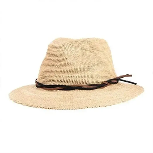 Breathable Wide Brim <b>Straw</b> <b>Fedora</b> for unisex, Classic Panama Sun Hat with Leather Trim, UV Protection Summer Hat for Travel - Product Image 1