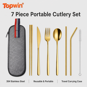 7Pcs 304 Stainless Steel Portable Cutlery Set Knife Fork Spoon Chopsticks Straw Travel <b>Camping</b> Flatware Set with Case - Product Image 1