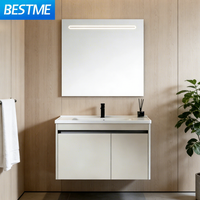 Meuble de salle de bain BESTME blanc chaud luxueux avec vasque en céramique revêtue d'acier inoxydable, moderne et écologique, pour hôtels, appartements et villas