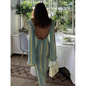 Fashion Sexy Vacation Party Robes Elegant O Neck Straight Flare Long Sleeve Vestidos Women Casual Contrast Backless Maxi Dress