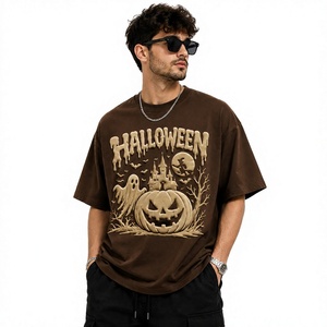 T-shirt graphique personnalisé Halloween, impression 3D en relief, motif citrouille, fantôme, château, marron, coton oversize pour hommes et femmes, streetwear - Product Image 1
