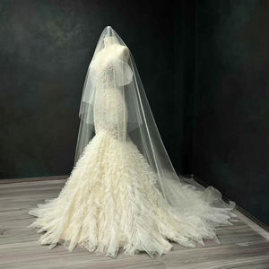 Vestido de Novia Moderno NT30 de Manga Corta con Volantes, Estilo Sirena, Largo hasta el Suelo, con Encaje Floral, Apliques de Cristal y Bordado - Product Image 2