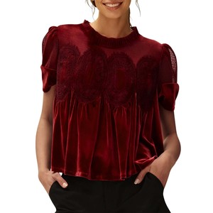 Nouvelle Blouse en Velours et Dentelle pour <span class=keywords><strong>Femme</strong></span> Printemps 2026, Col Rond, Manches Courtes, Coupe Évasée, Haut Élégant et Ample avec Design Intricate au Dos - Product Image 4