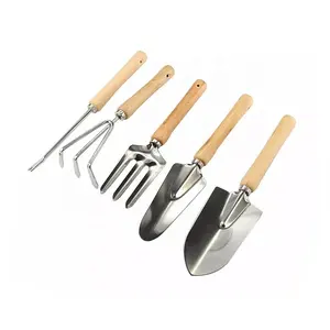 Ensemble d'outils à main de jardin avec manche en bois de frêne, 5 pièces