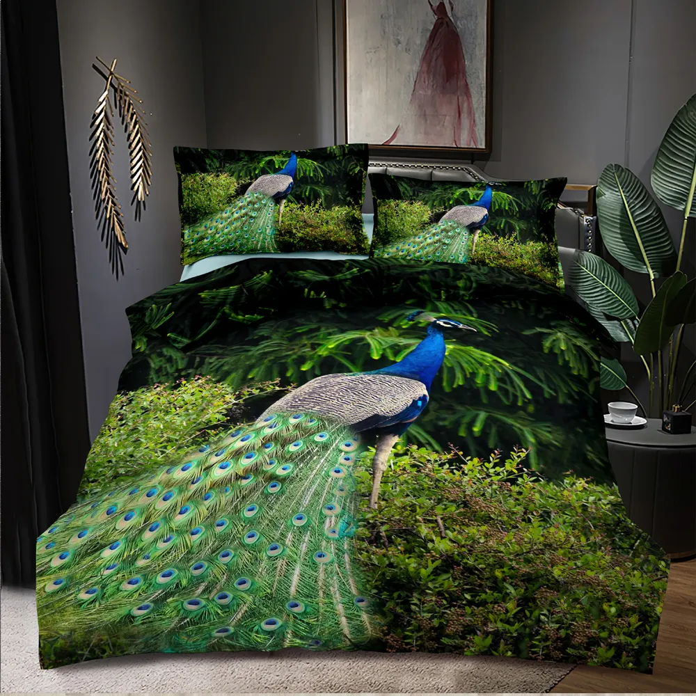 Luxury Duvet Cover Digital Printed Peacock Polyester 3D Bedsheet Microfiber Queen Size Custom Bedding Set Bed Sheet Sets
