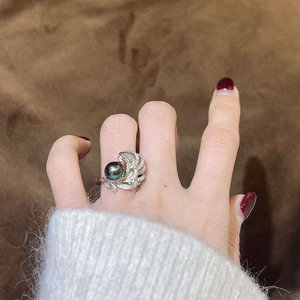 Peacock Tail style 8-9mm Tahitian Black Pearl <b>Ring</b>, Colorful Luster Seawater Pearl, <b>925</b> Sterling <b>Silver</b> Vintage Ornate Jewelry - Product Image 5