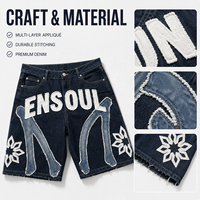 Shorts en jean pour hommes, coupe ample, en denim épais, avec appliques et patchwork, bords effilochés, style streetwear premium, hip-hop, fabrication sur mesure