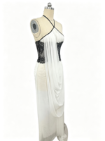 Robe longue asymétrique élégante à dos nu avec patchwork de dentelle, drapée et plissée, sexy, pour femme, idéale pour bal de promo ou invitée de mariage