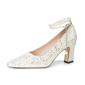 Escarpins à bout pointu avec paillettes et bride de cheville perlée, talon bloc, chaussures de mariée pour mariage - Product Image 4