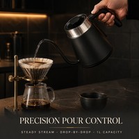 Bouilloire électrique à col de cygne en acier inoxydable noir, contrôle de la température, pour café filtre, 1L, sans fil, chauffe-eau rapide