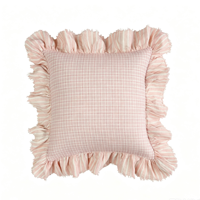 Französischer Landhausstil Zweifarbiger Gingham-Kissenbezug mit Rüschenrand 18x18 Zoll Natürliche Baumwolle Leinen Quadratischer Dekorativer Kissenbezug