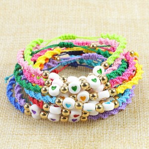 Custom Made Acrylic Heart Shaped <b>Bracelets</b> <b>Rainbow</b> Color Waxed Thread Braided Bohemian Style Gift Set 12 Pieces - Product Image 1