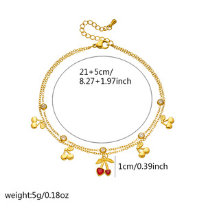 Linda tobillera de doble cadena con colgante de cereza, chapada en oro, de acero inoxidable, con dije de corazón esmaltado, cereza y cristal redondo, tobilleras delicadas - Product Image 5
