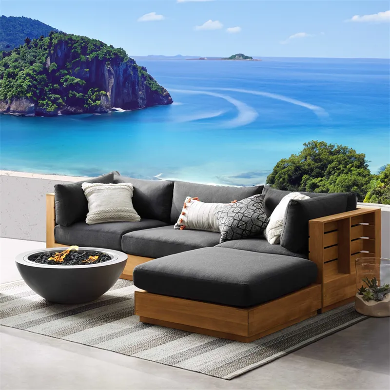 Современная L-образная серая диван из тикового дерева для гостиной и сада, комплект мебели, диван, уличный деревянный диван из тикового дерева