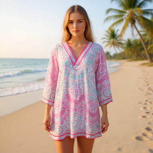 Camisa de playa de manga media estilo mandala, 88x54cm, con cuello en V, para mujer, traje de baño - Product Image 3