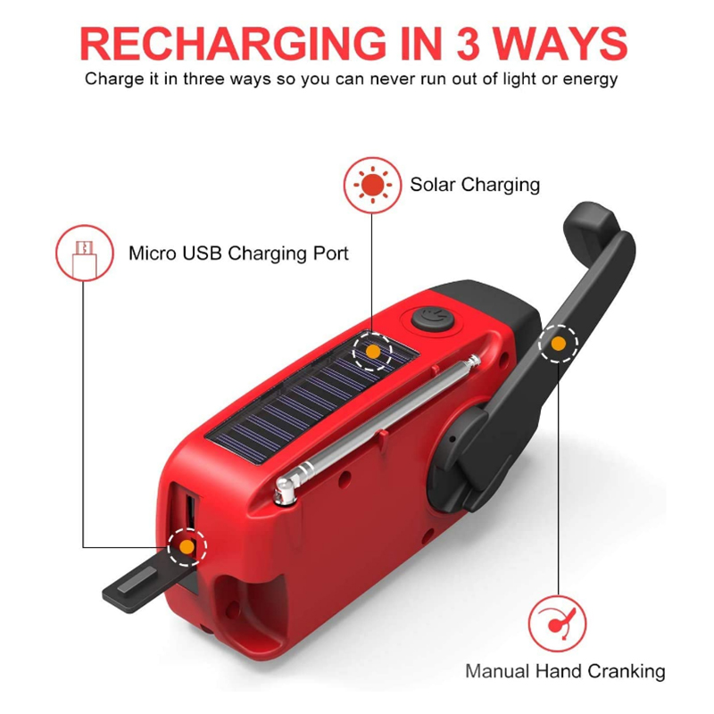 Emergency Radio Hand Crank Solar Charge Am Fm Radio with Light Rechargeable Battery 2000mAh For Power Charge