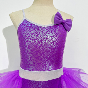 Purple Sequin Criss Cross Back Kids Tutu Dance Costume Bow Decor Silver Trim Tulle <b>Skirt</b> Girls Jazz Tap Stage Performance Wear - Product Image 3