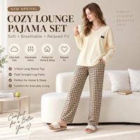 Ensemble de vêtements de nuit et de détente pour femmes en coton modal à carreaux, coupe ample, 2 pièces, faible MOQ
