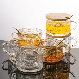 Tasses en verre gaufré transparent de 14oz Tasses à café vintage Contenants d'avoine de nuit avec couvercles et cuillères en bambou
