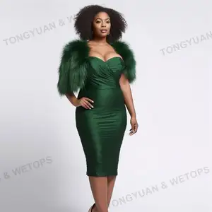 Plus Size Supplier Clothing Green One Shoulder Strap Vestidos Para Fiesta Fur Bodycon Dresses Women Lady Elegant