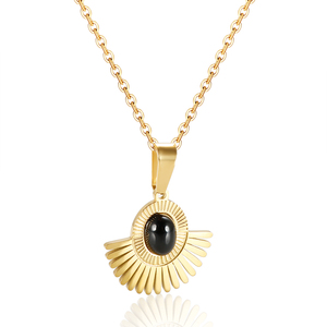 Collar de Moda Bohemio con Colgante de Sol de Piedra de Ónix Negra Chapado en Oro PVD de 18K, Collar <span class=keywords><strong>Grande</strong></span> de Acero Inoxidable para Mujer - Product Image 1