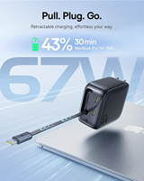 Chargeur mural rapide Baseus 67W PD avec câble USB-C rétractable intégré, adaptateur secteur de voyage 3 ports avec prise pliable pour ordinateur portable et téléphone