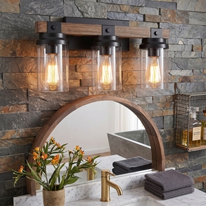 Modern 3-Light LED Vanity Light Matte Black Iron Frame with Oak Wood Accents Glass <strong>Shades</strong> E26 Socket Hotel <strong>Bathroom</strong> Wall <strong>Lamp</strong> - Product Image 4