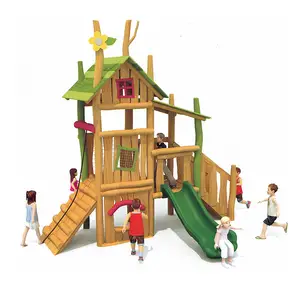 สนามเด็กเล่นไม้แบบสไลด์อุปกรณ์สำหรับเด็กสนามเด็กเล่นบ้านไม้กลางแจ้ง