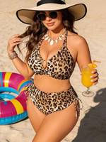 Nouveau Maillot de Bain Deux Pièces Grande Taille Push-up Imprimé Léopard avec Bretelles Volantées et Haut Halter Taille Haute Décolleté en V Profond pour Femme
