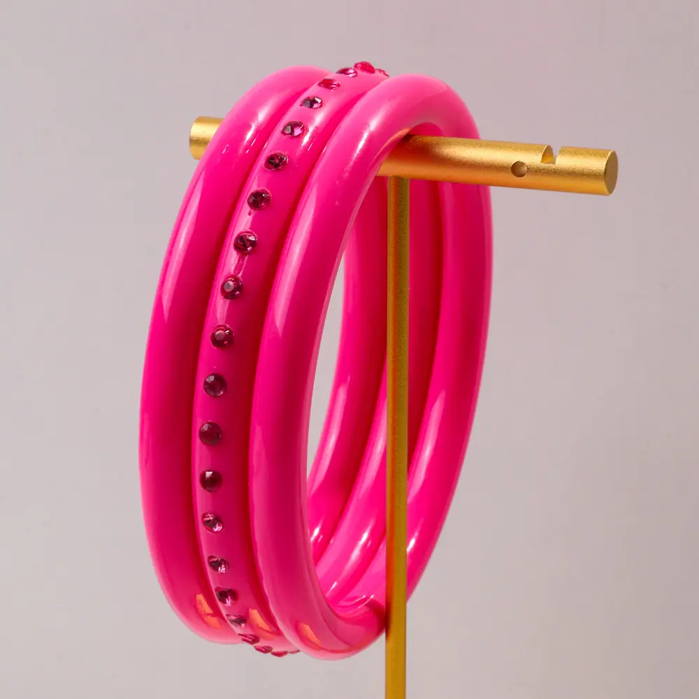 Wholesale High Quality Fashion Jewelry Vintage Resin Bangles Pink Rhinestone Smooth 3 piece/set Acrylic Bracelet Set for Women