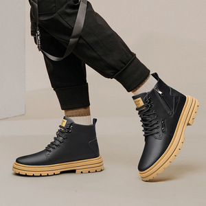 Bottines en cuir noir Martin à bout rond, lacets, fermeture éclair, semelle extérieure en caoutchouc antidérapante, semelle intermédiaire en EVA, toutes saisons - Product Image 2