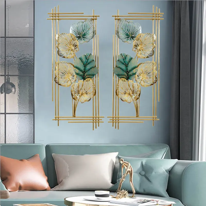 Italian styles High quality 3D Custom Home Gold Luxury iron Leaves Rectangle Metal metal wall hanging art decor