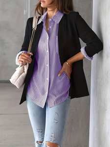 Chemise à col polo rayée imprimée pour femme, manches longues, ample, décontractée, tendance, polyvalente, vintage, élégante - Product Image 6