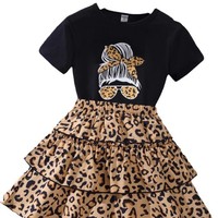 Robe T-shirt à manches courtes pour filles, en coton et mousseline imprimée, avec jupe à volants à trois couches