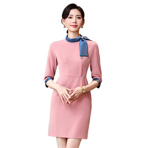 Pink Mandarin Collar Sheath Dress Women Three Quarter Sleeve Solid Color Professional Career Workwear - Product Image 2