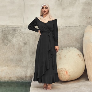 Asymmetrisches Rüschen-Taillengürtel Muslimisches Kleid Hohe Qualität Lange Ärmel Satin Muslimische Damen Einfarbiges Maxikleid - Product Image 3